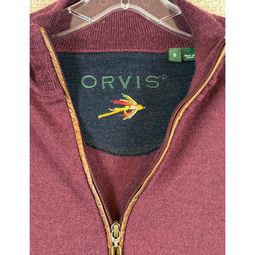 Orvis Mens Small Burgundy 100% Merino Wool Quarter Zip Pullover Sweater Leather